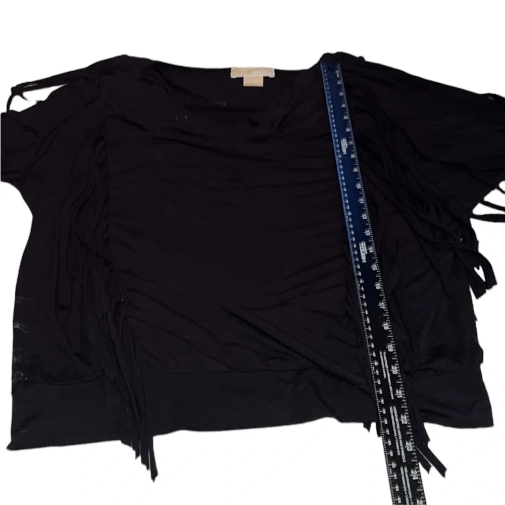 Micheal Kors size large black 3/4 sleeve fringe top ,draped neckline  banded hem